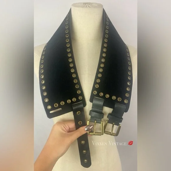 VINTAGE 1980’S WIDE DOUBLE BUCKLE SUEDE GROMMET CORSET BELT IN BLACK - Picture 6 of 8